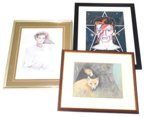 R. N. David. Abstract portrait of David Bowie, coloured print, initialled to the margin, and two other pictures to include a 