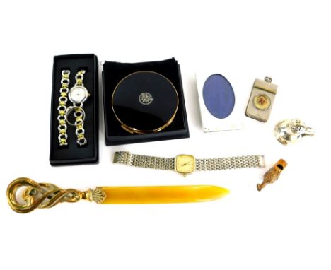 Jewellery and trinkets, to include a silver rectangular framed photograph frame, 8cm x 4.5cm, a Via Lucia watch and bracelet 