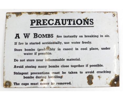 An original Second World War enamel sign, for A W Bombs, detailing precautions, (AF), 20cm x 30cm.