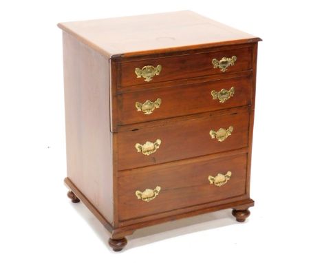 A 19thC pine and mahogany box commode, the hinged lid enclosing a cupboard recess for a chamber pot or bowl, etc., the front 