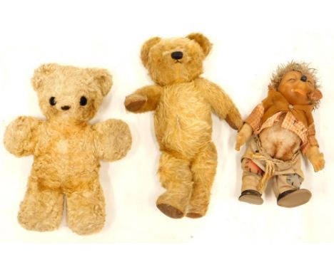 A collection of children's toy bears, etc., to include a small bear with felt pads, a later bear and a pipe smoking hedgehog,