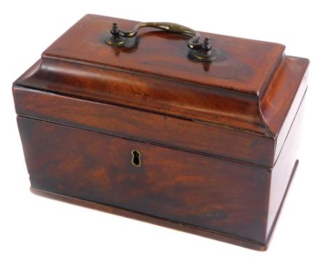 A 19thC mahogany tea caddy, the dome hinged lid with a brass swing handle, enclosing three lidded divisions, 24cm wide.
