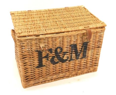 A Fortnum and Mason wicker hamper, with leather straps, 55cm wide.