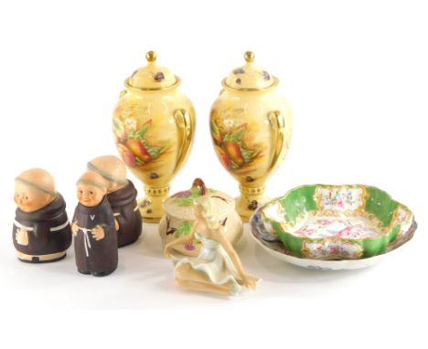 A collection of ceramics, to include a pair of Aynsley Orchard Gold two handled vases and covers, a Czechoslovakian figure of