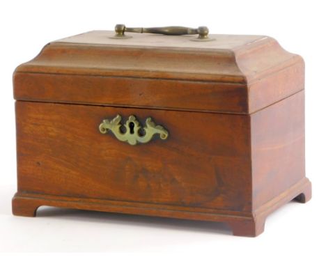 A George III mahogany tea caddy, the domed lid with a brass swing handle, enclosing a vacant interior on bracket feet.