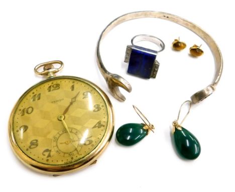 A quantity of jewellery and effects, to include a gold plated Tempo pocket watch, a pair of jade drop earrings on a yellow me