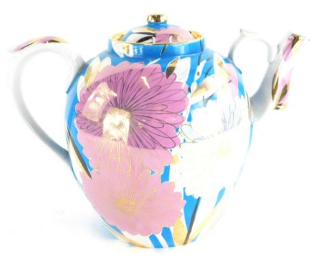 A large Russian porcelain teapot, decorated in pink and white lustre glazes with flowers, printed marks to underside, (AF), 3