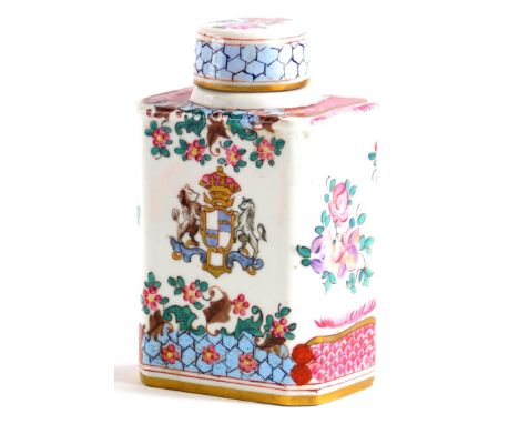 A continental porcelain tea caddy and lid, decorated in Chinese armorial style, pseudo mark to underside possibly Samson, 13c