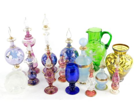 A Victorian green and enamel painted jug, in Mary Gregory style and various lustre glass scent bottles and stoppers, etc.