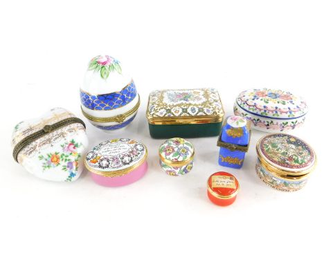 A collection of modern enamel boxes and covers, Limoges porcelain boxes, etc.