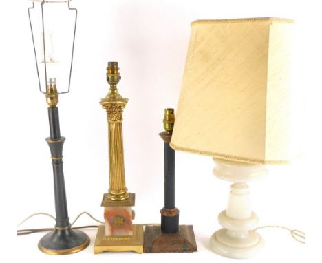 An onyx and brass effect Corinthian column brass table lamp, an opaque glass table lamp, etc. (4)&nbsp;Buyer Note: WARNING! T