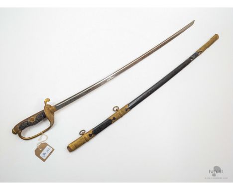 AN UNUSUAL JAPANESE KYU GUNTO SWORD, WITH A DOUBLE TRIANGLE MON ON THE HILT rather than the usual cherry blossom, indicating 