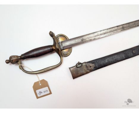 A 1796 PATTERN GEORGIAN INFANTRY OFFICER'S SPADROON SWORD WITH ETCHED BLADE MARKED WOOLLEY AND DEAKIN; IN ITS LEATHER SCABBAR