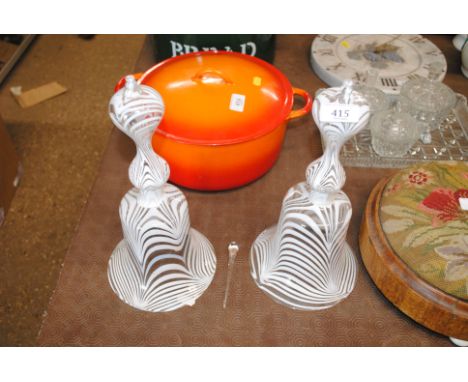 Two Nailsea style glass bells, (one clapper missing)