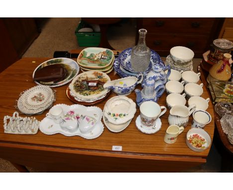 A collection of various decorative plates and tea ware to include Myott 'Royal Mail', various blue and white china, plaster p