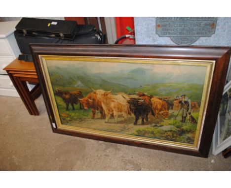 A coloured oleograph depicting Highland cattle 