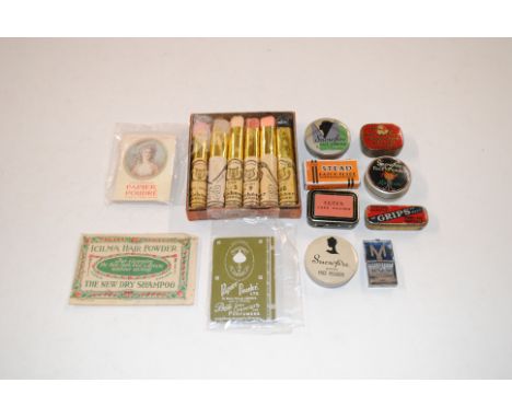 A box containing vintage tins for beauty products, ladies razor, vintage stage make-up etc. 