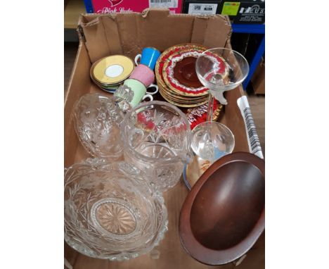 A BOX OF ASSORTED WARE INC ROYAL WORCESTER PLATES GLASS WARE ETC