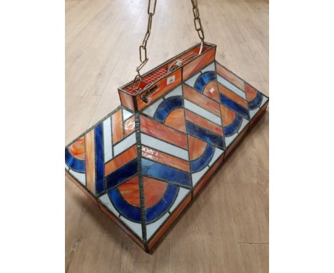 LEADED COLOURED GLASS POOL TABLE LIGHT FITTING 82CM X 46CM          DAMAGE TOP OF FITTING