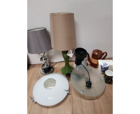 BOX OF LIGHT FITTINGS AND 2 TABLE LAMPS ALSO INCLUDES STAFFORDSHIRE TEAPOT AND RINGTONS BEAKER