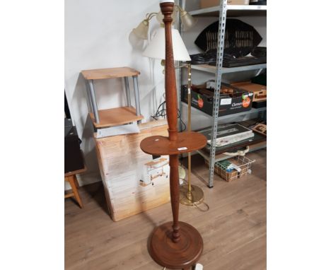 ORIENTAL HAND CARVED OAK STANDARD LAMP WITH KIDNEY SHAPED SHELF