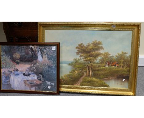 Framed painting of river side scene signed 'Jay Hall' together with framed print (2)