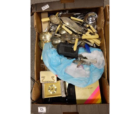 A mixed collection of items to include Eden Parker cutlery items, epns ware, clocks, camera, camera, metal wares etc. 