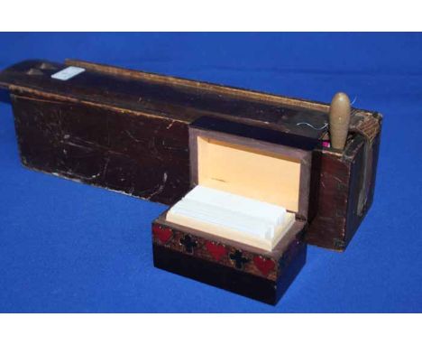 WOODEN BOX CONTAINING SEWING ACCESSORIES 
also a box with two sets of playing cards, pewter napkin rings and a cigarette case