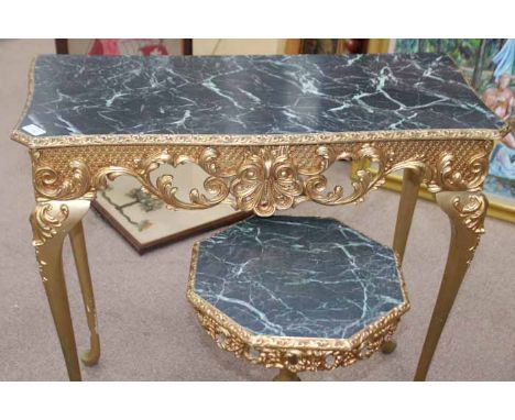 GILT WOOD MARBLE EFFECT TOPPED CONSOLE TABLE
and a small hexagonal table 