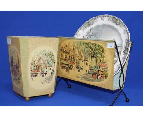 TWO VINTAGE ENAMEL ITEMS
a waste paper bin and a magazine rack with French street scene design; together with a 'The Friendly