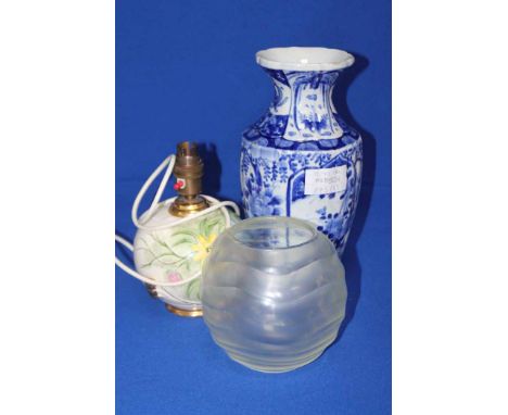 EARLY 20TH CENTURY GLASS BOWL VASE
with frosted wave design; together with an Asian blue and white vase and a handpainted flo