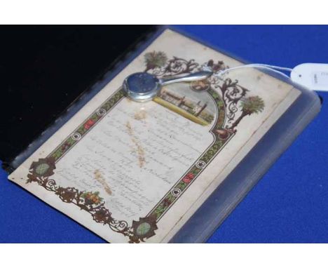 SMALL PLATED COMPACT IN THE FORM OF A HAND MIRROR 
also two Royal Menus from Balmoral and Windsor and a malacca walking stick