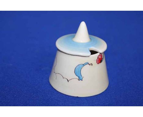 SMALL CLARICE CLIFF MUSTARD POT
black 'Clarice Cliff Wilkinson Ltd. England' stamp, decorated with stylised flowers with blue