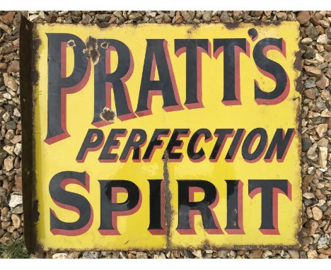 A Pratt's Perfection Spirit double sided enamel sign with hanging flange by Protector, 21 x 18".