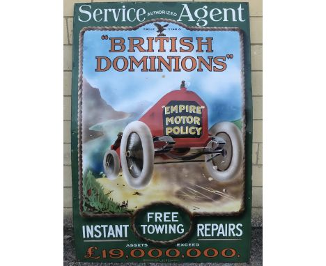 A British Dominions pictorial enamel sign depicting the racing car coming towards the viewer, 'Assets Exceed £19,000,000', th