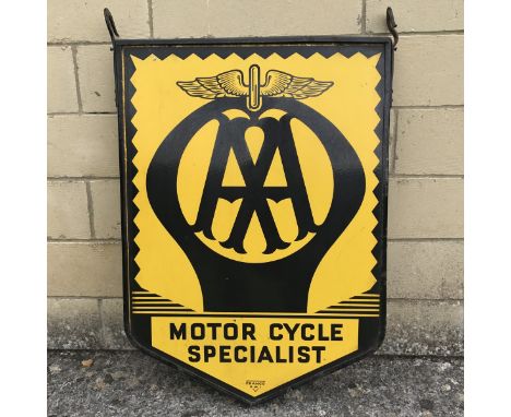 A pair of AA Motor Cycle Specialists enamel signs by Franco set within a metal hanging frame, 22 1/2 x 31 1/4".