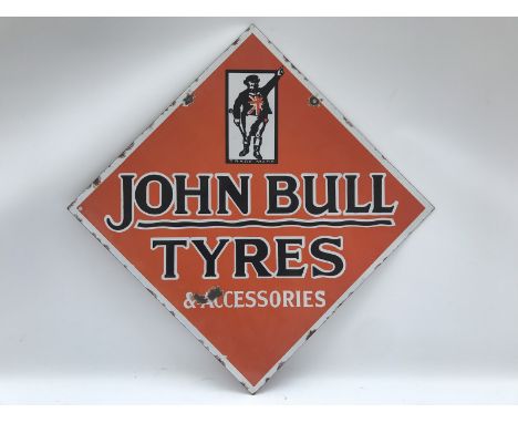 A John Bull Tyres and Accessories lozenge shaped double sided enamel sign, 28 1/4 x 28 1/4".