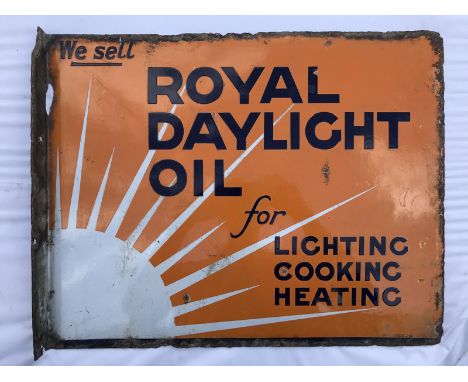 A Royal Daylight Oil double sided enamel sign with hanging flange by Protector, 20 x 16".