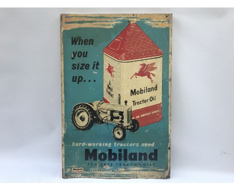 A Mobiland Tractor Oil rectangular wooden sign depicting a tractor and an oil can, 20 x 30".