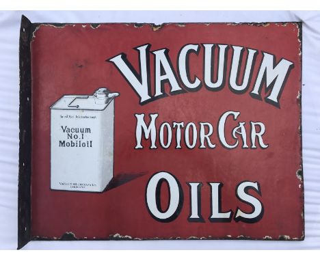 A very early and rare Vacuum Motor Car Oils double sided enamel sign with hanging flange, with pictorial can motif, unusually