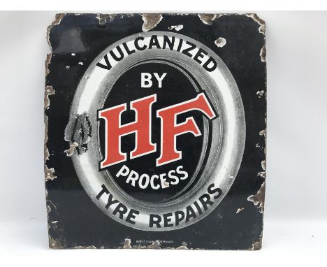 An H.F. Vulcanised Tyre Repairs pictorial enamel sign by Patent Enamel, 18 x 20".