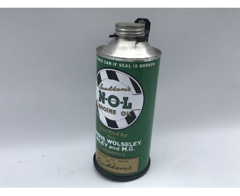 An NOL Engine Oil quart cylindrical oil can with bracket, of later manufacture.