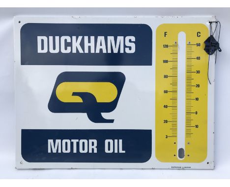 A Duckhams Q Motor Oil rectangular enamel thermometer by Burnham of London, lacking tube but brackets present, 26 x 20".