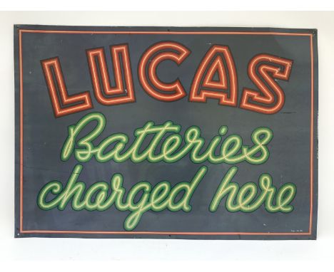 A Lucas Batteries Charged Here rectangular tin advertising sign, in good condition, sign no. 45, 27 x 19".