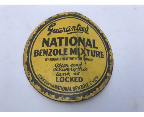 A National Benzole Mixture circular enamel plaque possibly for a petrol pump, 8" diameter.