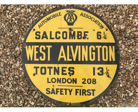 An AA circular enamel road/village sign for West Alvington, Salcombe 6 1/4 and Totnes 13 1/4, by Franco, 30" diameter.