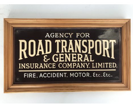 An Agency of Road Transport and General Insurance Company Limited rectangular enamel sign, in modern display frame, the sign 