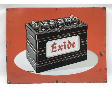 An Exide pictorial enamel sign with large central image of a battery, 24 x 18".