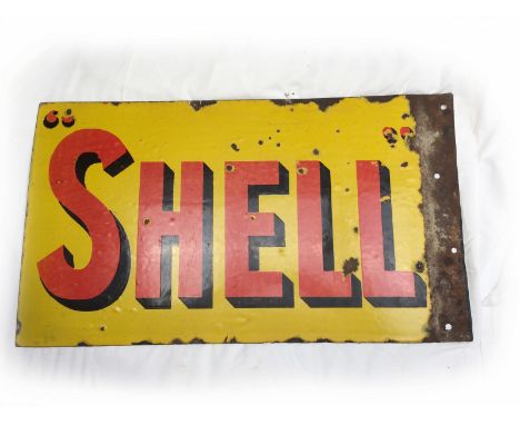 A Shell double sided enamel sign with flattened hanging flange, 16 x 15".
