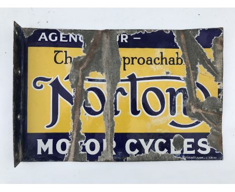 A rare Norton Motor Cycle Agency double sided enamel sign with hanging flange by Patent Enamel, 18 x 12".